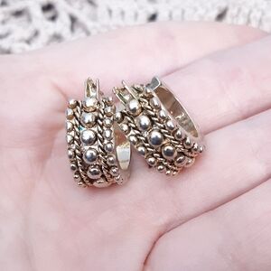 Vintage Monet Goldtone  Beaded Texture Elegant Huggie Hoop Signed Earrings Rope